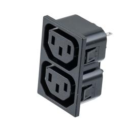 Picture of Snap-Fit, Panel-mount IEC Outlet for two 60320-2-2/F Connectors, 2.8 mm solder tabs