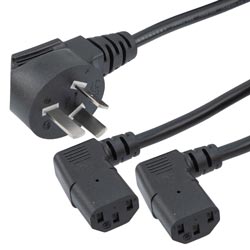 Picture of GB2099 Round Type I Downward Angle to Dual Right Angle C13 International Splitter Power Cord - 10 Amp - 2M