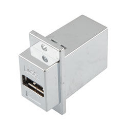 Picture of USB 3.0 High Retention Adapter Coupler Panel Mount ECF Flange Style, A Type Female to B Type Female, Chrome Plated Shielded ABS, Silver