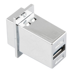Picture of USB 3.0 Adapter Coupler Panel Mount ECF Flange Style, A Type Female to A Type Female, Chrome Plated Shielded ABS Housing, Silver