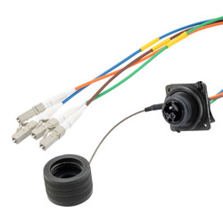 Picture of 4 Channel TFOCA 2 Flange Mount Receptacle to LC/UPC, Multimode OM1, 7.5mm Tactical cable assembly, 3 meter, 18in (0.4572M) breakout