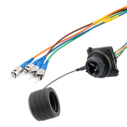 Picture of 4 Channel TFOCA 2 Flange Mount Receptacle to ST/UPC, Single Mode, 7.5mm Tactical cable assembly, 1 meter, 18in (0.4572M) breakout