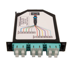 Picture of 1 MTP Male (12 fiber) to 6 Duplex SC connectors LGX Fan-out cassette, OM3 multimode