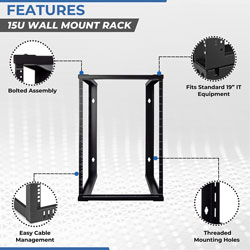 Picture of 15U Wall Mount Open Frame Rack 19" Threaded (12-24) 15 inch depth Black
