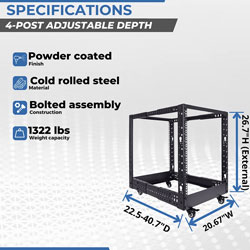 Picture of 12U Adjustable Depth 4-Post Open Frame Rack with Casters