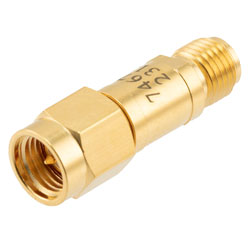 Picture of 15 dB Fixed Attenuator SMA Male (Plug) to SMA Female (Jack) DC to 12 GHz Rated to 2 Watts, Brass Body, 1.35:1 VSWR