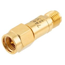 Picture of 20 dB Fixed Attenuator SMA Male (Plug) to SMA Female (Jack) DC to 12 GHz Rated to 2 Watts, Brass Body, 1.35:1 VSWR