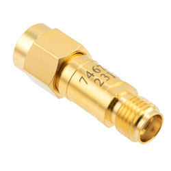 Picture of 20 dB Fixed Attenuator SMA Male (Plug) to SMA Female (Jack) DC to 12 GHz Rated to 2 Watts, Brass Body, 1.35:1 VSWR