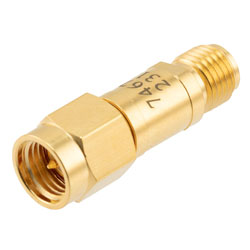 Picture of 2 dB Fixed Attenuator SMA Male (Plug) to SMA Female (Jack) DC to 12 GHz Rated to 2 Watts, Brass Body, 1.35:1 VSWR