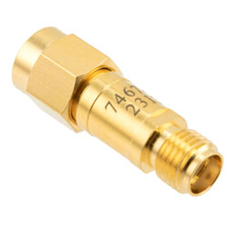 Picture of 30 dB Fixed Attenuator SMA Male (Plug) to SMA Female (Jack) DC to 12 GHz Rated to 2 Watts, Brass Body, 1.35:1 VSWR