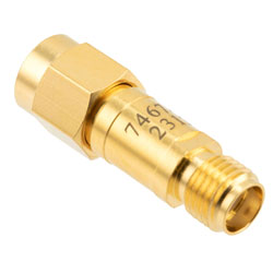 Picture of 3 dB Fixed Attenuator SMA Male (Plug) to SMA Female (Jack) DC to 12 GHz Rated to 2 Watts, Brass Body, 1.35:1 VSWR