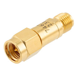 Picture of 6 dB Fixed Attenuator SMA Male (Plug) to SMA Female (Jack) DC to 12 GHz Rated to 2 Watts, Brass Body, 1.35:1 VSWR