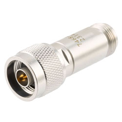 Picture of 10 dB Fixed Attenuator N Male (Plug) to N Female (Jack) DC to 12 GHz Rated to 2 Watts, Brass Body, 1.35:1 VSWR