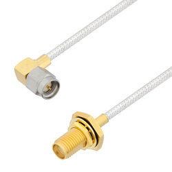 Picture of SMA Male Right Angle to SMA Female Bulkhead Cable Assembly using LC085TB Coax, 1.5 FT