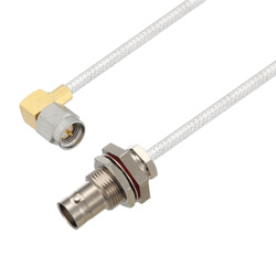 Picture of BNC Female Bulkhead to SMA Male Right Angle Cable Assembly using LC085TB Coax, 1 FT
