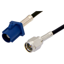 Picture of SMA Male to Blue FAKRA Plug Cable Assembly using RG174 Coax, 1 FT