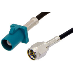 Picture of SMA Male to Water Blue FAKRA Plug Cable Assembly using RG174 Coax, 2 FT