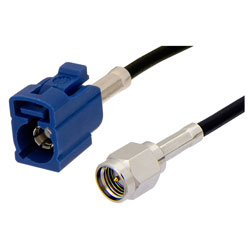 Picture of SMA Male to Blue FAKRA Jack Cable Assembly using RG174 Coax, 1 FT