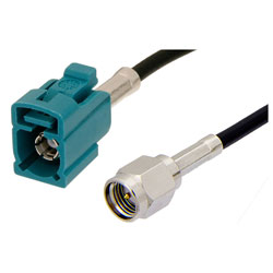 Picture of SMA Male to Water Blue FAKRA Jack Cable Assembly using RG174 Coax, 3 FT