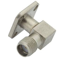 Picture of 18 GHz SMA Female Right Angle Field Replaceable Connector With EMI Gasket 4 Hole Flange Mount .012 inch Pin