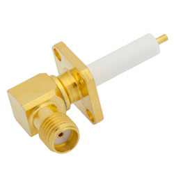Picture of 18 GHz SMA Female Right Angle Connector Solder Attachment 4 Hole Flange Mount Pin Terminal, .340 inch Hole Spacing