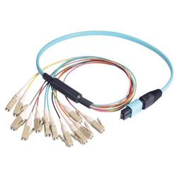 Picture of MPO Male to 12x LC Fan-out, 12 Fiber Ribbon, OM3 10G 50/125 Multimode, OFNR Jacket, Aqua, 10.5m