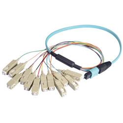 Picture of MPO Male to 12x SC Fan-out, 12 Fiber Ribbon, OM3 10G 50/125 Multimode, OFNR Jacket, Aqua, 5.0m