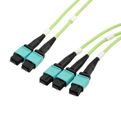 Picture of 3xMPO8 w/ pins to 2xMPO12 w/ pins, OM5 50/125um Multimode, ONFR Jacket, Lime Green, 1 meter