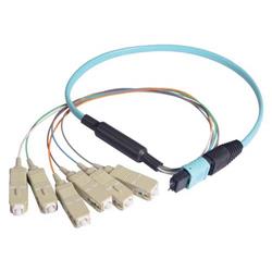 Picture of MPO Male to 6x SC Fan-out, 6 Fiber Ribbon, OM3 10G 50/125 Multimode, OFNR Jacket, Aqua, 0.5m