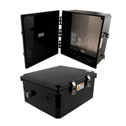 Picture of 14x12x06 Polycarbonate Weatherproof Outdoor IP66 NEMA 4X Enclosure, 120-240 VAC Universal Outlet MNT PLT Black