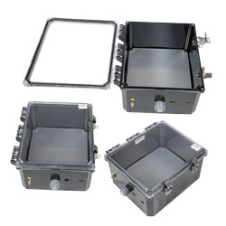 Picture of 12x10x06 Polycarbonate Weatherproof Outdoor IP66 NEMA 4X Enclosure, Modified Base, Drilled Mount Clear Lid, Black