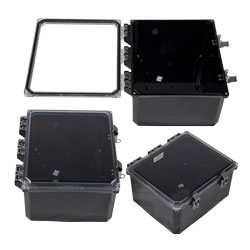 Picture of 12x10x06 UL® Listed Polycarbonate Weatherproof Outdoor IP66 NEMA 4X Enclosure Bundled w/Blank Aluminum Mounting Plate, Clear Lid, Black