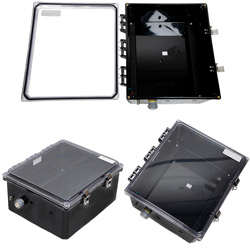 Picture of 14x12x06 Polycarbonate Weatherproof Outdoor NEMA 4X Enclosure, DIN Rail Mount Clear Lid Black