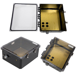 Picture of 14x12x06 Polycarbonate Weatherproof NEMA 4X Enclosure, Modified Base Drilled Mount Clear Lid Black