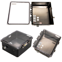 Picture of 14x12x06 Polycarb WthPrf NEMA 4X Encl, 240VAC Univ Outlet Mnt Plate, MECH Therm Heat Clear Lid Black