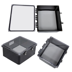 Picture of 14x12x06 UL® Listed Polycarbonate Weatherproof NEMA 4X Enclosure w/Non-Metallic Mount Plate, Clear Lid Black