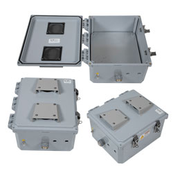 Picture of 12x10x06 Polycarbonate Weatherproof Outdoor IP24 NEMA 3R Enclosure, Modified Base Drilled Mount Vented Lid Dark Gray