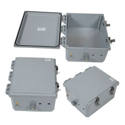 Picture of 12x10x06 Polycarbonate Weatherproof Outdoor IP66 NEMA 4X Enclosure, Modified Base Drilled Mount Dark Gray