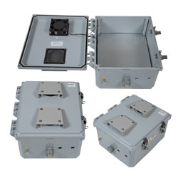 Picture of 12x10x06 Polycarb Weatherproof Outdoor IP24 NEMA 3R Enclosure, 120VAC Mount Plate Mechanical Thermostat Heat & 85F Turn on Fan Dark Gray