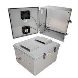Picture of 18x16x10 Polycarb Weatherproof NEMA 3R Encl, 120VAC Mnt Plate Solid State Therm Heat & Fan Dark Gray