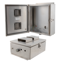 Picture of 12x10x06 Stainless Steel Weatherproof Outdoor IP24 NEMA 3R Enclosure, Modified Base Drilled Mount Vented Lid