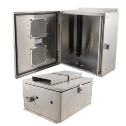 Picture of 14x12x07 Stainless Steel Weatherproof Outdoor IP24 NEMA 3R Enclosure, Modified Base DIN Rail Mount Vented Lid
