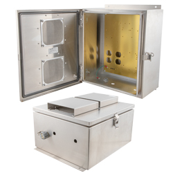 Picture of 14x12x07 Stainless Steel Weatherproof Outdoor IP24 NEMA 3R Enclosure, Modified Base Drilled Mount Vented Lid