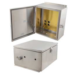 Picture of 14x12x07 Stainless Steel Weatherproof Outdoor IP66 NEMA 4X Enclosure, Modified Base Drilled Mount