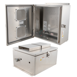 Picture of 14x12x07 Stainless Steel Weatherproof Outdoor IP24 NEMA 3R Enclosure, 120-240VAC Universal Outlet Mount Plate Vented Lid