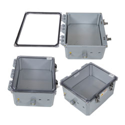 Picture of 12x10x06 Polycarbonate Weatherproof Outdoor IP66 NEMA 4X Enclosure, Modified Base, Drilled Mount Clear Lid, Dark Gray
