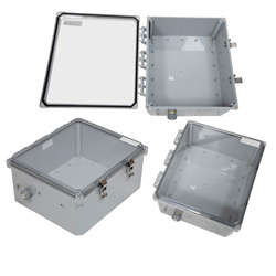 Picture of 14x12x06 Polycarbonate Weatherproof NEMA 4X Enclosure, Modified Base Clear Lid DKGY