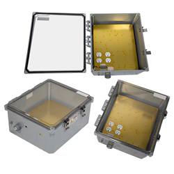 Picture of 14x12x06 Polycarbonate Weatherproof NEMA 4X Enclosure, 120VAC Mount Plate Clear Lid DKGY