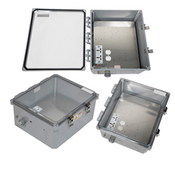 Picture of 14x12x06 Polycarb WthPrf NEMA 4X Encl, 240VAC Univ Outlet Mnt Plate, MECH Therm Heat Clear Lid DKGY