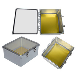 Picture of 14x12x06 UL® Listed Polycarbonate Weatherproof NEMA 4X Enclosure w/Aluminum Mounting Plate, Clear Lid DKGY